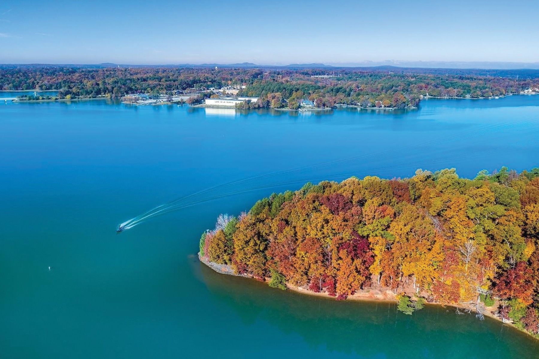 Aerial view of Lake Wylie in autumn